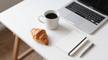 Coffee cup, notebook and croissant on the tableの素材