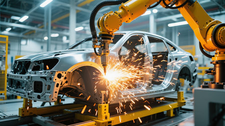 Automation manufacturing robot arm working on assembly line of car in factoryの素材