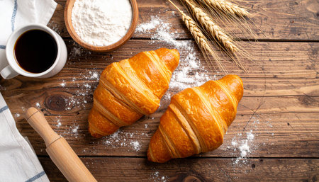 Croissants with flour and cup of coffee on wooden table.の素材