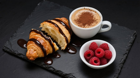 Cup of coffee with croissants and raspberries on black backgroundの素材