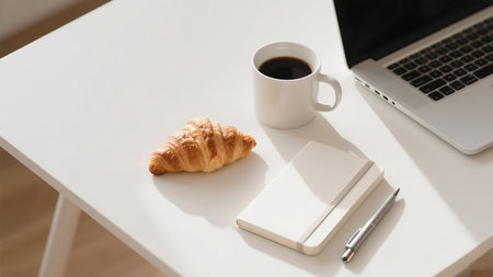 Laptop, coffee and croissant on white table in modern officeの素材
