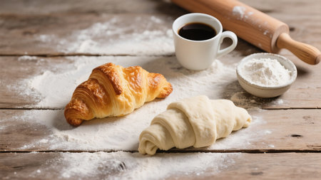 Fresh croissant and a cup of coffee on a wooden tableの素材