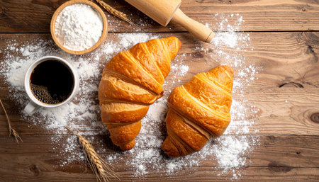 Fresh croissants on a wooden table with flour and rolling pinの素材
