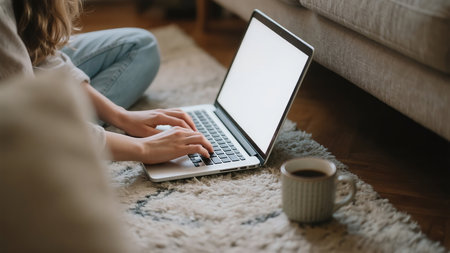 Cropped image of woman using laptop while sitting on carpet at homeの素材