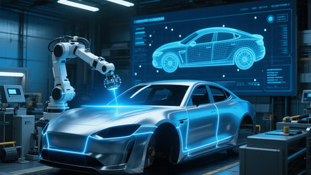 Automation industry 4.0 concept with robot arm and car 3d renderの素材