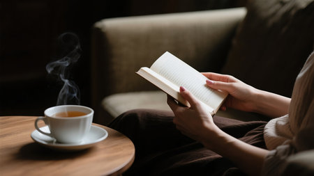 Woman reading a book with a cup of tea in her hand.の素材