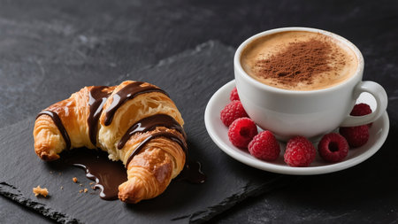 Cup of coffee with croissant and raspberries on black backgroundの素材