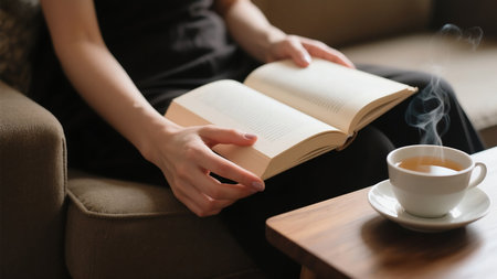 Young woman reading book and drinking tea at home in the morning.の素材