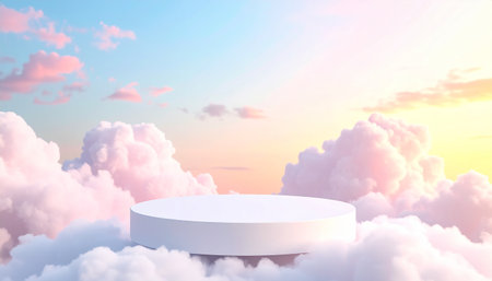 White podium in the sky with clouds. 3D render illustration.の素材