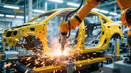 Robotic arm welding automotive part with sparks. Automotive industry concept.の素材