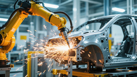 Automation of automotive parts by robotic arms in a factory. Automotive industryの素材