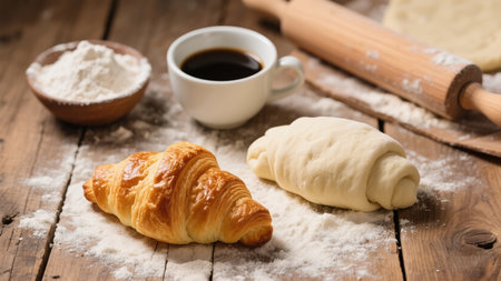 Breakfast with croissants, coffee and flour on wooden tableの素材