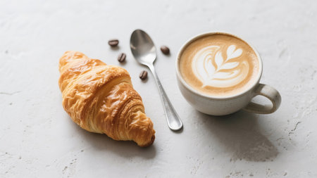 Coffee cup and croissant on a white background.の素材