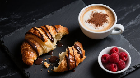 Cup of coffee with croissants and raspberries on black backgroundの素材