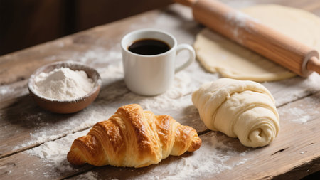 Cup of coffee and croissants on wooden table, closeupの素材