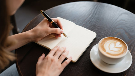 cropped shot of woman writing in notebook at table with cup of coffeeの素材