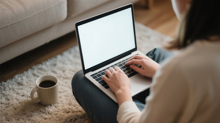 Young woman using laptop while sitting on floor in living room at homeの素材