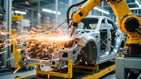 Robot welding automotive part in automotive assembly plant. Automotive industryの素材