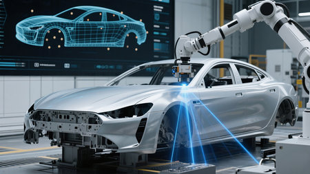 3D rendering of a robot arm working on a car in a factoryの素材