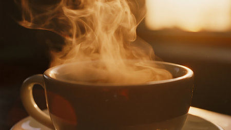 Coffee cup with steam in the morning light. Close up.の素材