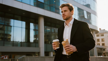 handsome young businessman in black suit holding takeaway coffee and looking awayの素材