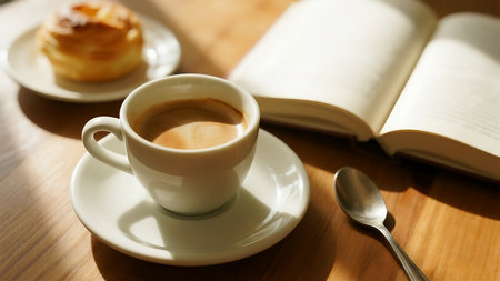 Cup of coffee and pancake on wooden table with open bookの素材