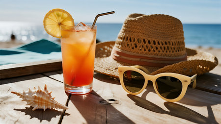 summer, vacation, travel and people concept - close up of cocktail glasses, hat and sunglasses on beachの素材