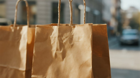 An abstract macro background texture of a brown kraft paper bag with a blurred city street in the backgroundの素材