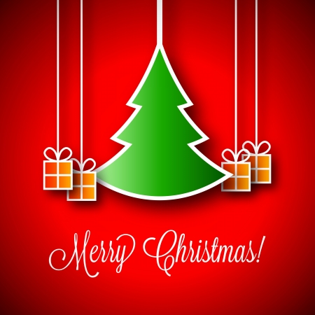 Merry Christmas Vector Illustration with Green Xmas Tree and Little Gift Boxesのイラスト素材