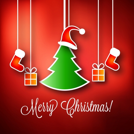 Merry Christmas Illustration   Green Xmas Tree   Little Gift Boxes   Red Santa Claus Red Hat   Red Stockingのイラスト素材