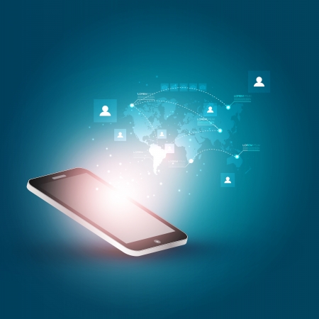 Futuristic Mobile Phone  Illustration with Holographic World Map and Social Media Icons Designのイラスト素材