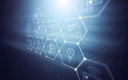 3D Abstract Futuristic Fintech Illustration Background with Technology Symbols about Bitcoin...