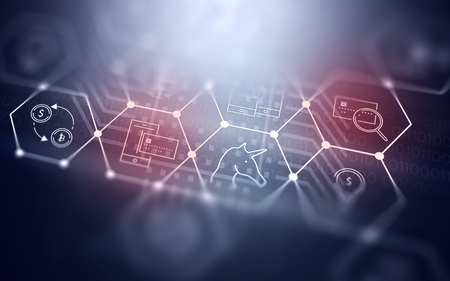 3D Abstract Futuristic Fintech Illustration Background with Technology Symbols about Bitcoin Currencyの写真素材