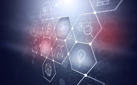 3D Abstract Futuristic Fintech Illustration Background with Technology Symbols about Bitcoin Currencyの写真素材