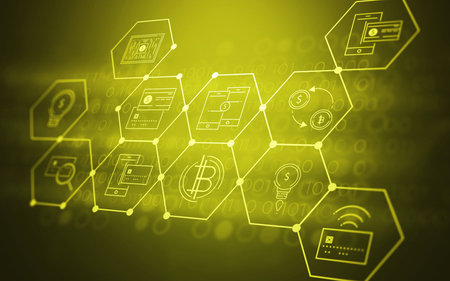 3D Abstract Futuristic Fintech Illustration Background with Technology Symbols about Bitcoin...