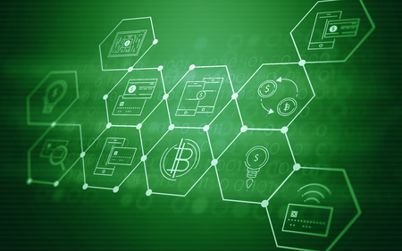 3D Abstract Futuristic Fintech Illustration Background with Technology Symbols about Bitcoin Currencyの写真素材