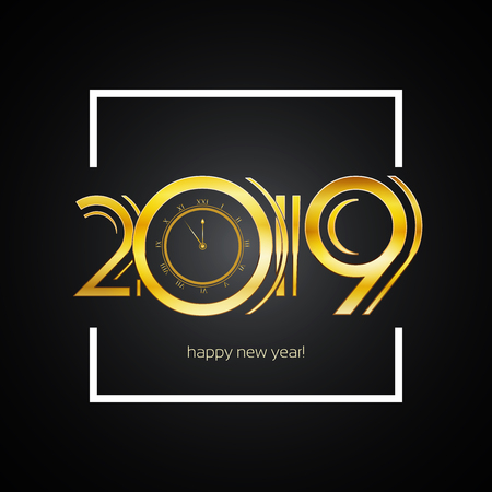 Happy New Year 2019 Greeting Card - Gold Numbers in White Bold Square Frame vector Illustration Designのイラスト素材