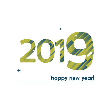 Happy New Year 2019 Vector Illustration - Bold Text with Creative Design on White Background -  Blue and Green Lines, Circles, Plus Signのイラスト素材
