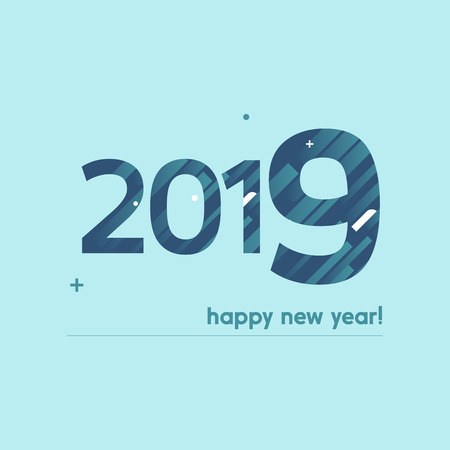 Happy New Year 2019 Vector Illustration - Bold Text with Creative Design on Bright Background -  White and Blue Lines, Circles, Plus Signのイラスト素材