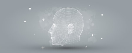 Artificial Intelligence with White Cyborg Mesh Face Vector Illustration Background - Grey Futuristic Business Presentation Template.のイラスト素材