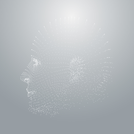 3D White Cyborg Man Point Mesh Face Vector Illustration on Grey Background - Futuristic Particles Designのイラスト素材