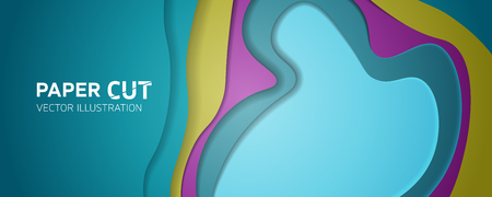 Multi color paper layers 3D papercut vector wide background - Abstract paper cut texture for topography website template - Creative smooth cartoon origami paper shape conceptのイラスト素材