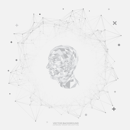 Black and White Round Network Wireframe with Robotic Polygons Head on White Background Vector - Futuristic Humanoid Designのイラスト素材