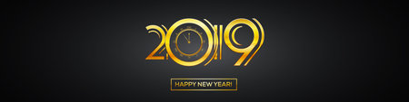 Happy New Year 2019 Greeting Card - Countdown Golden Numbers with Bold Frame on Dark Background | EPS10 Vector Wide Illustration Designのイラスト素材