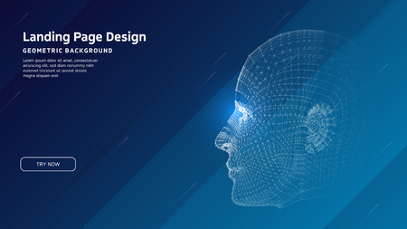 Minimal geometric background. Landing page design template. Artificial intelligence with 3D Robot mesh head composition. EPS10 vectorのイラスト素材