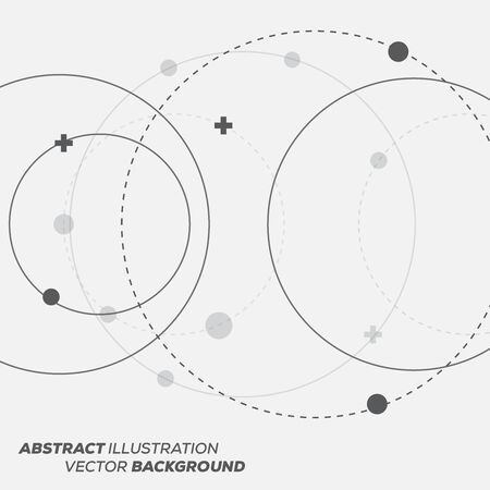 Abstract vector illustration with overlapping circles, dots and dashed circles. Science and connection concept. Wide molecule structure background.のイラスト素材