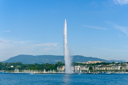 The Jet d'Eau is a large fountain in Geneva, Switzerland, and is one of the city's most famous landmarksの写真素材