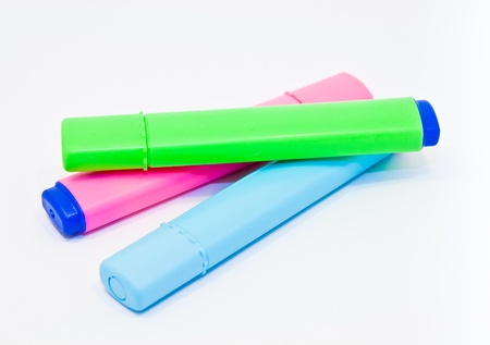 Three highlighter marker pens, isolated on white backgroundの写真素材