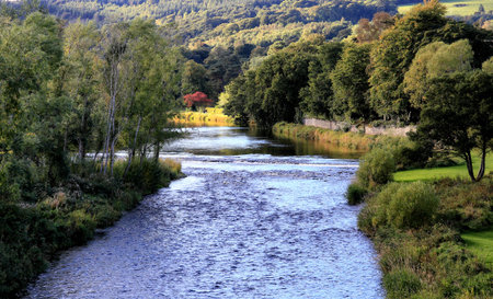 River Tweed, Autumnal Colours, Peebles, Scotlandの写真素材