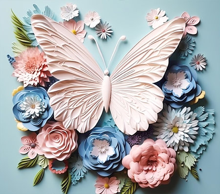 Paper butterfly with flowers on blue background. 3d render illustration.の素材